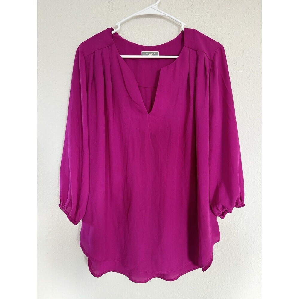 Pleione Top Cute Womens Large Pink Pleated V-Neck Pullover Long Balloon Sleeve